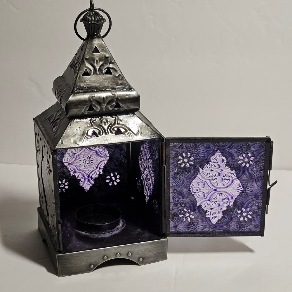 Vintage Pier 1 Imports Moroccan Caravan Purple Mandala Silver Lantern
